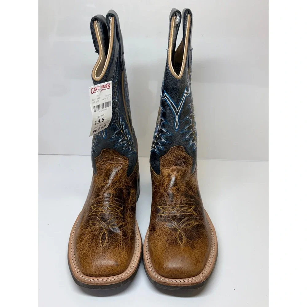 Old West Kids Boys Burnt Tan Navy Blue Square Toe Cowboy Boots BSC1960 13.5D